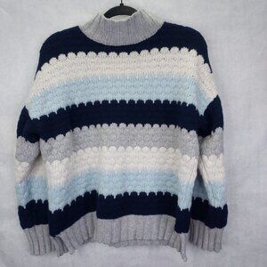 Alashan Sweater Womens XL Merino Wool Pullover Crochet Knit Blue White Mock Neck